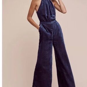 Anthropologie Elevenses Navy Blue Velvet Halter Neck Nova Jumpsuit size 4